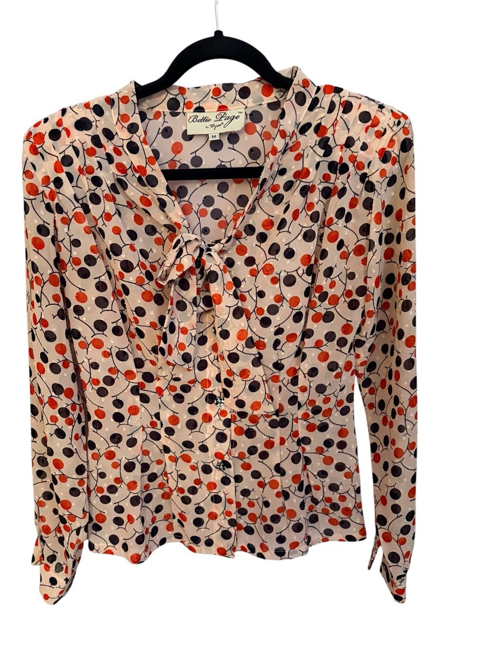 Bettie Page Cream Tie-Neck Blouse with Red & Black Dot Print